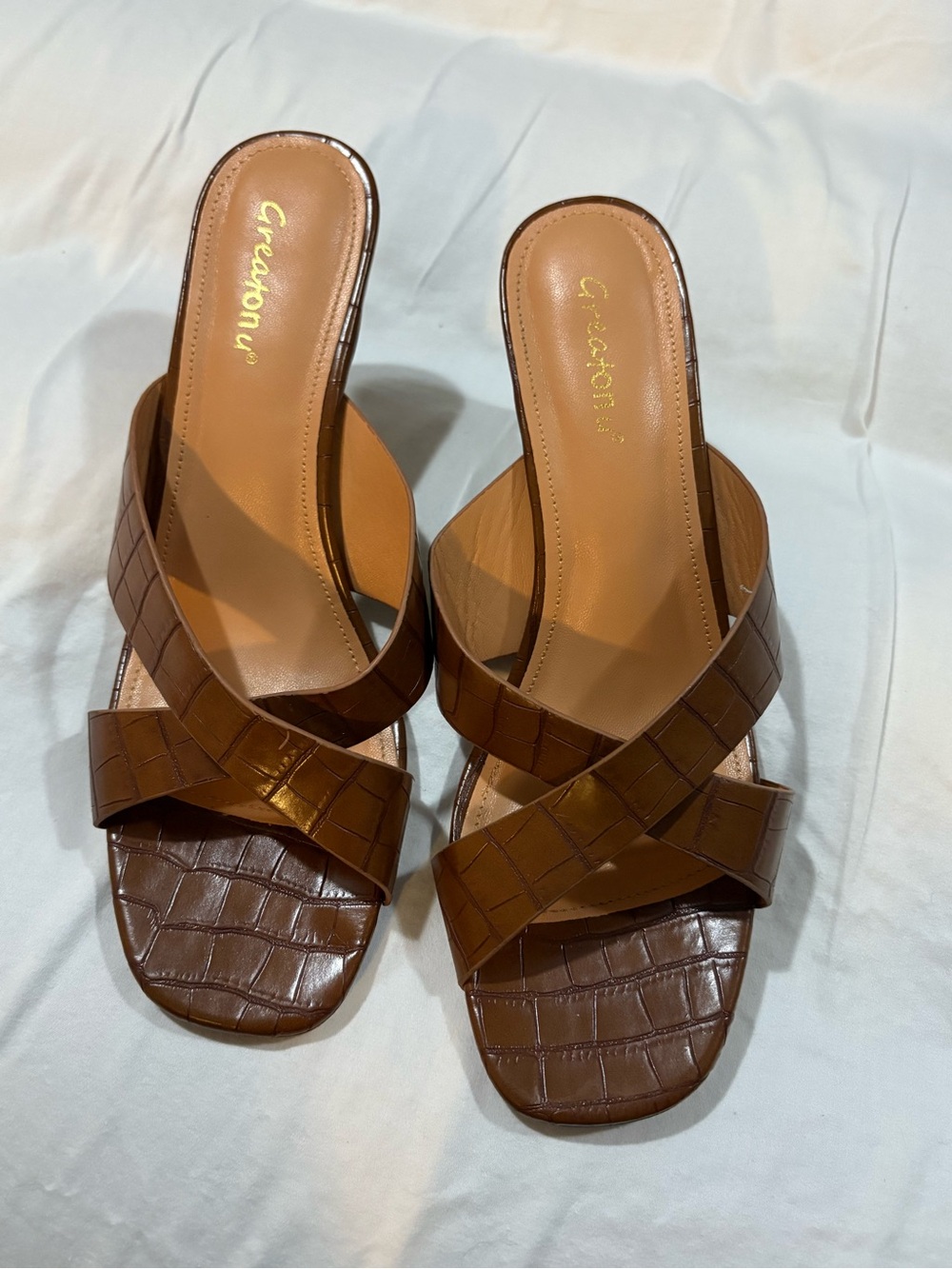Brown Croc-Embossed Cross Strap Slide Kitten Heels- 10